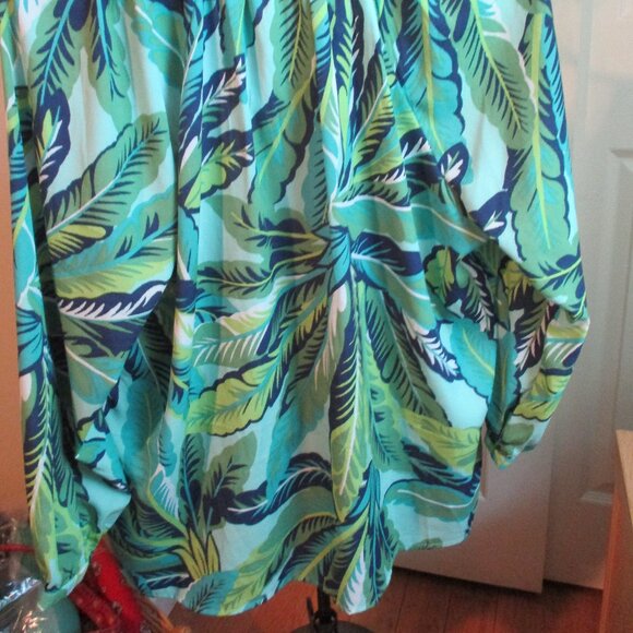 Green Print Tropical Leaves Caribbean Joe Blouse Top XL - Picture 2 of 5
